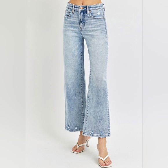 RISEN High-Rise Wide Leg Tummy Control Pants Distressed Cropped Denim Blue Jeans - Picture 7 of 15